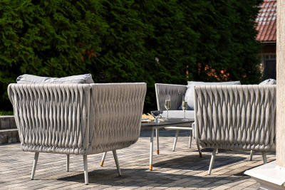 "Монако" лаунж-зона 4-местная из роупа со столом "Верона" (серый гранит), каркас светло-серый, роуп светло-серый