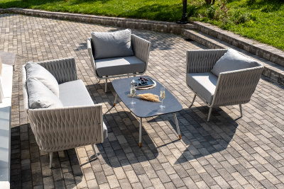 "Монако" лаунж-зона 4-местная из роупа со столом "Верона" (серый гранит), каркас светло-серый, роуп светло-серый