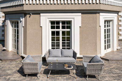 "Монако" лаунж-зона 4-местная из роупа со столом "Верона" (серый гранит), каркас светло-серый, роуп светло-серый