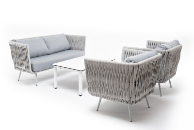 "Монако" лаунж-зона 4-местная из роупа со столом "Верона" (серый гранит), каркас светло-серый, роуп светло-серый