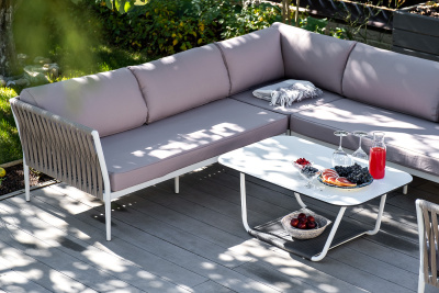 "Касабланка" диван модульный плетеный из роупа, каркас алюминий, роуп серо-коричневый 23мм, ткань бежевая 052